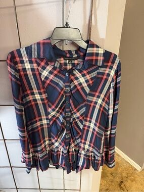 Signature Studio Navy and Coral Plaid Button-Down Ruffle Hem Top